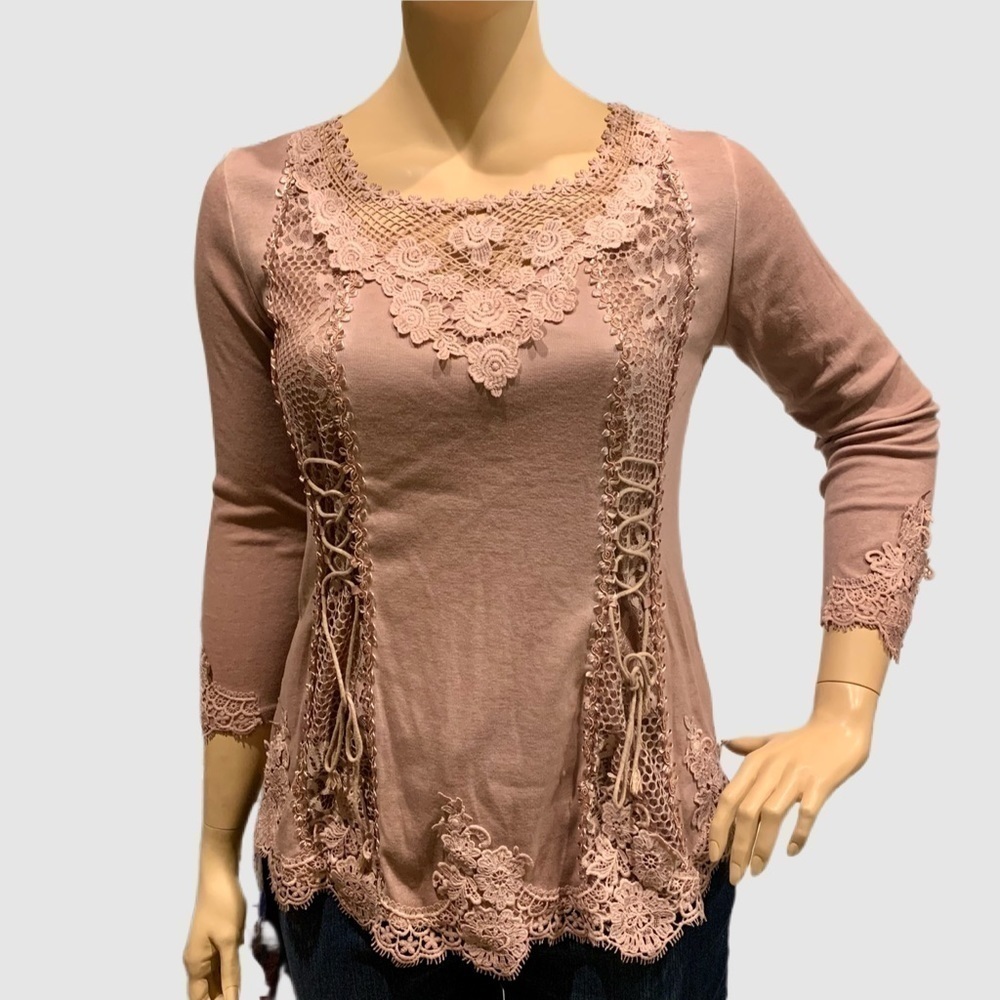 Renaissance Style Top Sz XL Festival Blush Nude Color Crocheted Long Sleeves NEW